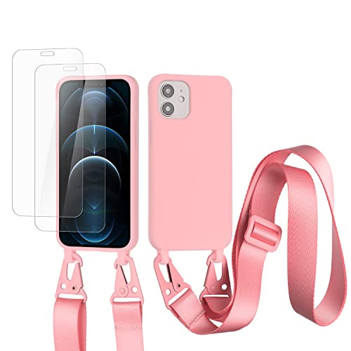 vrupin kompatibel mit iPhone 12 Mini Handykette Hülle,[2 Stück Schutzfolie 9H Härte Gehärtete Folie].Necklace Hülle Nylon Schultergurt Weich Flüssiges Silikon-dunkel pink von vrupin