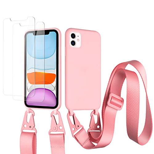 vrupin kompatibel mit iPhone 13 Handykette Hülle,[2 Stück Schutzfolie 9H Härte Gehärtete Folie].Necklace Hülle Nylon Schultergurt Weich Flüssiges Silikon-dunkel pink von vrupin