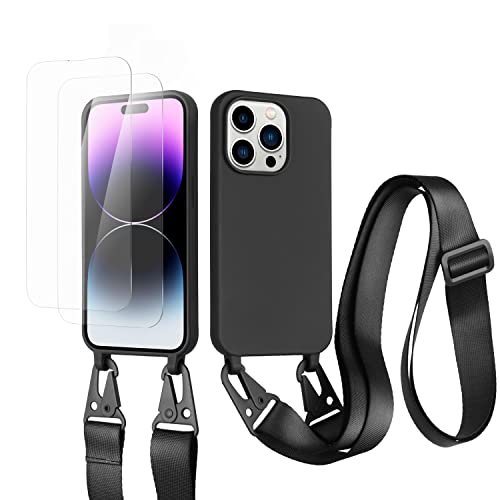 vrupin kompatibel mit iPhone 13 Pro Handykette Hülle,[2 Stück Schutzfolie 9H Härte Gehärtete Folie].Necklace Hülle Nylon Schultergurt Weich Flüssiges Silikon-schwarz von vrupin