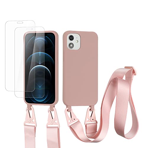 vrupin kompatibel mit iPhone 13 Pro Max Handykette Hülle,[2 Stück Schutzfolie 9H Härte Gehärtete Folie].Necklace Hülle Nylon Schultergurt Weich Flüssiges Silikon-Lotus Farbe von vrupin