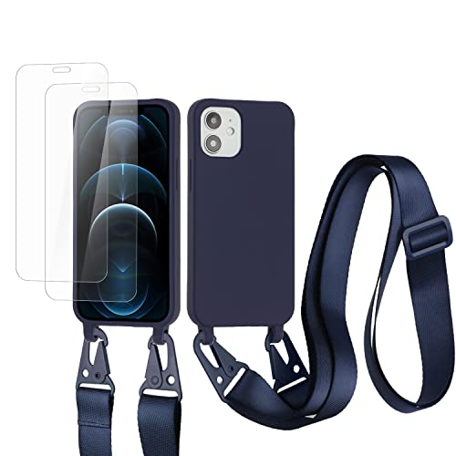 vrupin kompatibel mit iPhone 13 Pro Max Handykette Hülle,[2 Stück Schutzfolie 9H Härte Gehärtete Folie].Necklace Hülle Nylon Schultergurt Weich Flüssiges Silikon-Navy blau von vrupin