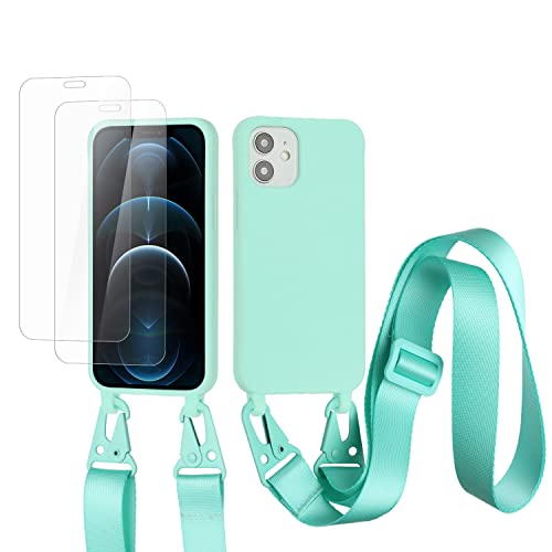 vrupin kompatibel mit iPhone 13 Pro Max Handykette Hülle,[2 Stück Schutzfolie 9H Härte Gehärtete Folie].Necklace Hülle Nylon Schultergurt Weich Flüssiges Silikon-hellgrün von vrupin