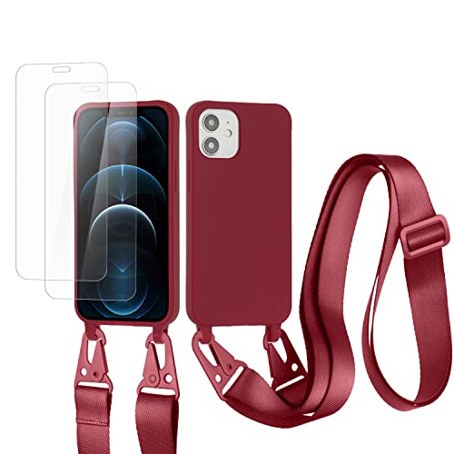 vrupin kompatibel mit iPhone 13 Pro Max Handykette Hülle,[2 Stück Schutzfolie 9H Härte Gehärtete Folie].Necklace Hülle Nylon Schultergurt Weich Flüssiges Silikon-rot von vrupin