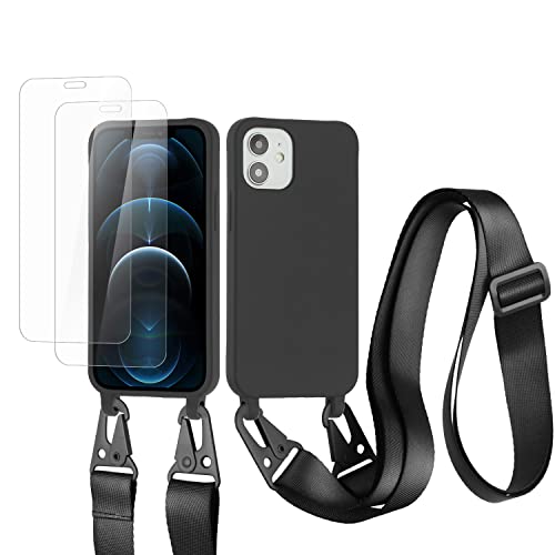 vrupin kompatibel mit iPhone 13 Pro Max Handykette Hülle,[2 Stück Schutzfolie 9H Härte Gehärtete Folie].Necklace Hülle Nylon Schultergurt Weich Flüssiges Silikon-schwarz von vrupin