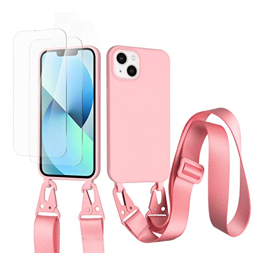 vrupin kompatibel mit iPhone 14 Handykette Hülle,[2 Stück Schutzfolie 9H Härte Gehärtete Folie].Necklace Hülle Nylon Schultergurt Weich Flüssiges Silikon-dunkel pink von vrupin