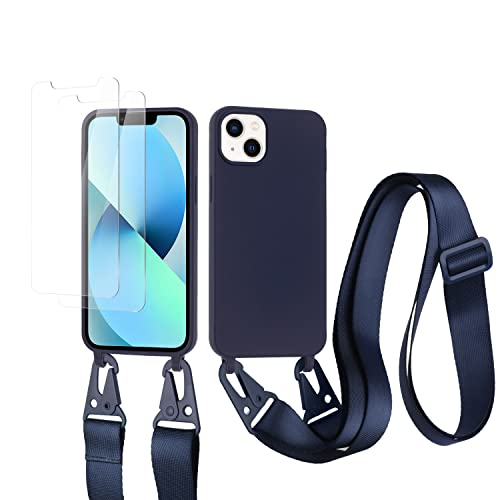 vrupin kompatibel mit iPhone 14 Max Handykette Hülle,[2 Stück Schutzfolie 9H Härte Gehärtete Folie].Necklace Hülle Nylon Schultergurt Weich Flüssiges Silikon-Navy blau von vrupin