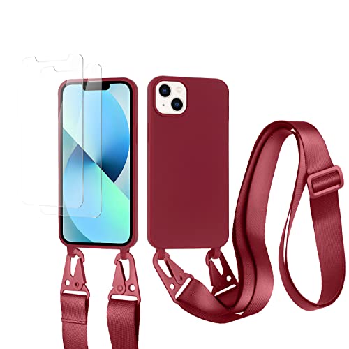 vrupin kompatibel mit iPhone 14 Max Handykette Hülle,[2 Stück Schutzfolie 9H Härte Gehärtete Folie].Necklace Hülle Nylon Schultergurt Weich Flüssiges Silikon-rot von vrupin