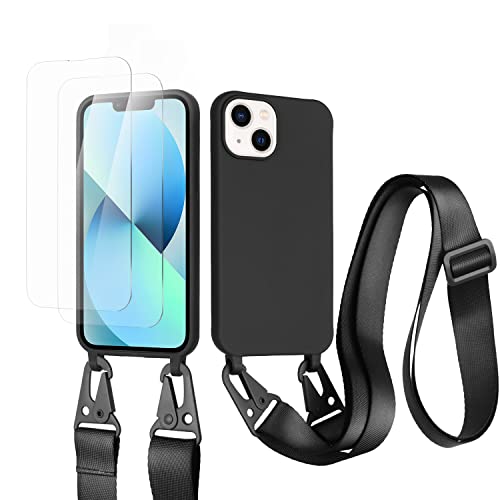 vrupin kompatibel mit iPhone 14 Max Handykette Hülle,[2 Stück Schutzfolie 9H Härte Gehärtete Folie].Necklace Hülle Nylon Schultergurt Weich Flüssiges Silikon-schwarz von vrupin