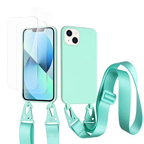 vrupin kompatibel mit iPhone 14 Pro Handykette Hülle,[2 Stück Schutzfolie 9H Härte Gehärtete Folie].Necklace Hülle Nylon Schultergurt Weich Flüssiges Silikon-hellgrün von vrupin