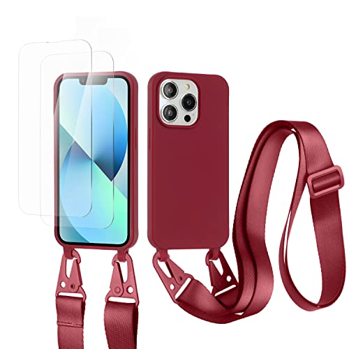 vrupin kompatibel mit iPhone 14 Pro Handykette Hülle,[2 Stück Schutzfolie 9H Härte Gehärtete Folie].Necklace Hülle Nylon Schultergurt Weich Flüssiges Silikon-rot von vrupin