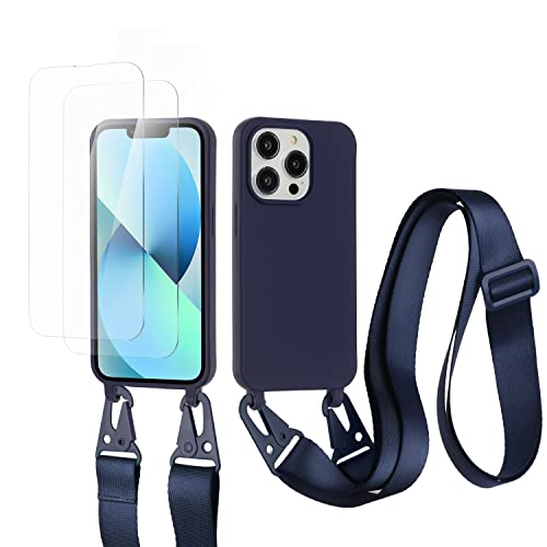 vrupin kompatibel mit iPhone 14 Pro Max Handykette Hülle,[2 Stück Schutzfolie 9H Härte Gehärtete Folie].Necklace Hülle Nylon Schultergurt Weich Flüssiges Silikon-Navy blau von vrupin