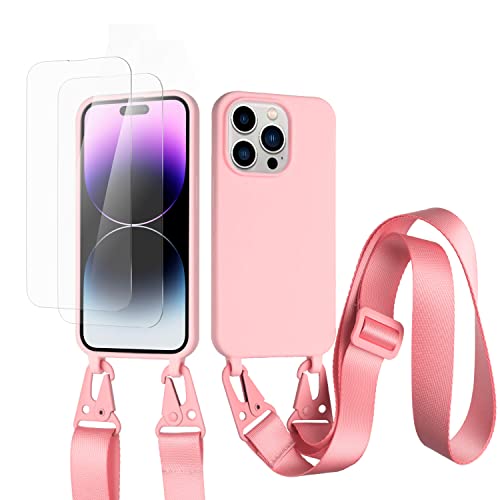 vrupin kompatibel mit iPhone 14 Pro Max Handykette Hülle,[2 Stück Schutzfolie 9H Härte Gehärtete Folie].Necklace Hülle Nylon Schultergurt Weich Flüssiges Silikon-dunkel pink von vrupin