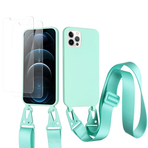 vrupin kompatibel mit iPhone 15 Plus Handykette Hülle,[2 Stück Schutzfolie 9H Härte Gehärtete Folie].Necklace Hülle Nylon Schultergurt Weich Flüssiges Silikon-hellgrün von vrupin