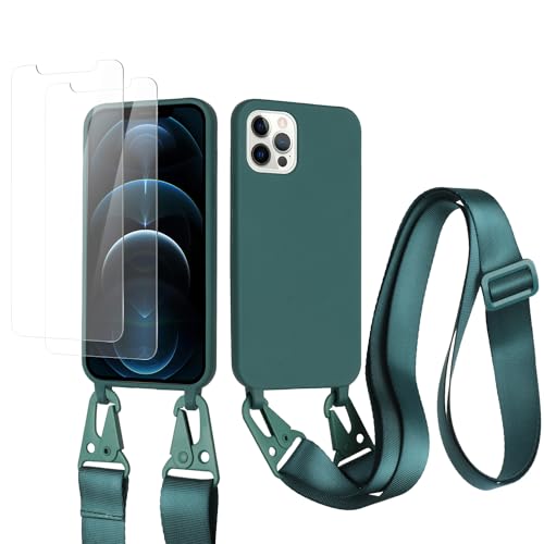 vrupin kompatibel mit iPhone 15 Pro Handykette Hülle,[2 Stück Schutzfolie 9H Härte Gehärtete Folie].Necklace Hülle Nylon Schultergurt Weich Flüssiges Silikon-Dunkelgrün von vrupin
