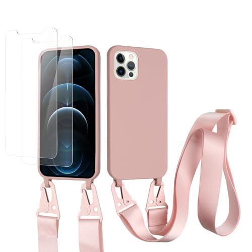 vrupin kompatibel mit iPhone 15 Pro Handykette Hülle,[2 Stück Schutzfolie 9H Härte Gehärtete Folie].Necklace Hülle Nylon Schultergurt Weich Flüssiges Silikon-Lotus Farbe von vrupin