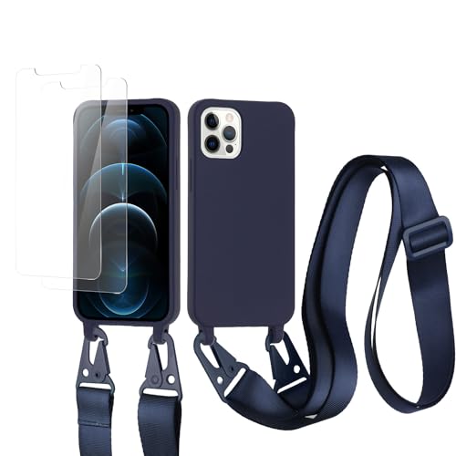 vrupin kompatibel mit iPhone 15 Pro Max Handykette Hülle,[2 Stück Schutzfolie 9H Härte Gehärtete Folie].Necklace Hülle Nylon Schultergurt Weich Flüssiges Silikon-Navy blau von vrupin