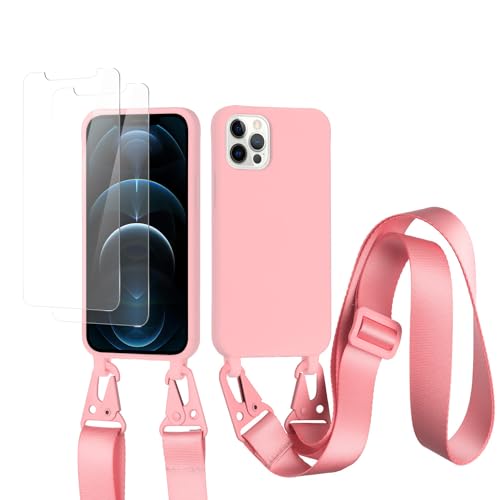 vrupin kompatibel mit iPhone 15 Pro Max Handykette Hülle,[2 Stück Schutzfolie 9H Härte Gehärtete Folie].Necklace Hülle Nylon Schultergurt Weich Flüssiges Silikon-dunkel pink von vrupin