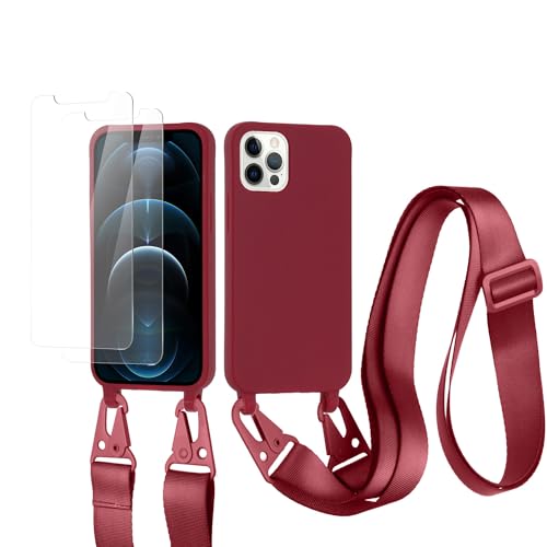 vrupin kompatibel mit iPhone 15 Pro Max Handykette Hülle,[2 Stück Schutzfolie 9H Härte Gehärtete Folie].Necklace Hülle Nylon Schultergurt Weich Flüssiges Silikon-rot von vrupin