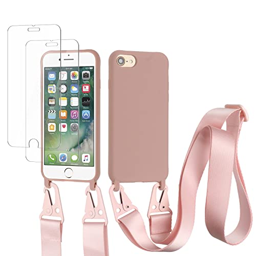 vrupin kompatibel mit iPhone 6/6S/7/8 Handykette Hülle,[2 Stück Schutzfolie 9H Härte Gehärtete Folie].Necklace Hülle Nylon Schultergurt Weich Flüssiges Silikon-Lotus Farbe von vrupin