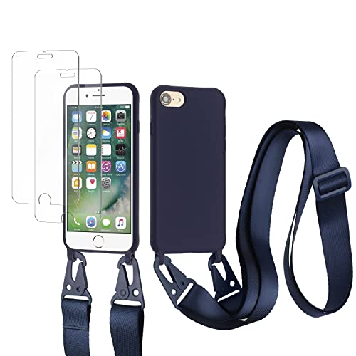 vrupin kompatibel mit iPhone 6/6S/7/8 Handykette Hülle,[2 Stück Schutzfolie 9H Härte Gehärtete Folie].Necklace Hülle Nylon Schultergurt Weich Flüssiges Silikon-Navy blau von vrupin