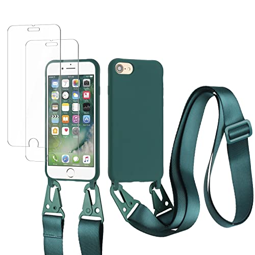 vrupin kompatibel mit iPhone 6/6S/7/8 Plus Handykette Hülle,[2 Stück Schutzfolie 9H Härte Gehärtete Folie].Necklace Hülle Nylon Schultergurt Weich Flüssiges Silikon-Dunkelgrün von vrupin