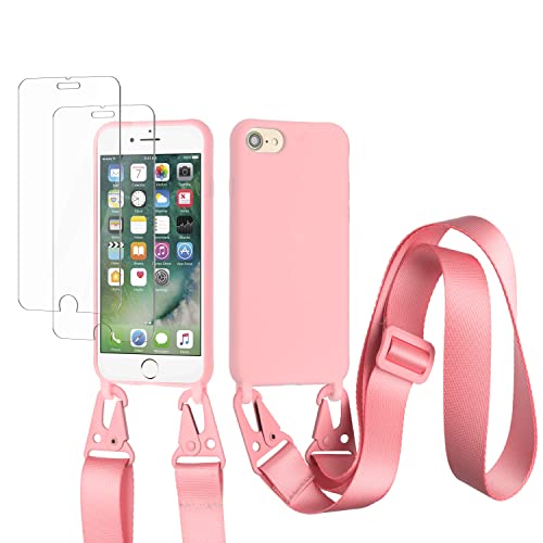 vrupin kompatibel mit iPhone 6/6S/7/8 Plus Handykette Hülle,[2 Stück Schutzfolie 9H Härte Gehärtete Folie].Necklace Hülle Nylon Schultergurt Weich Flüssiges Silikon-dunkel pink von vrupin