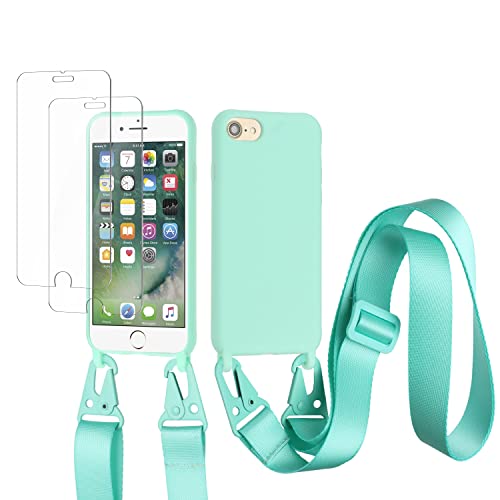 vrupin kompatibel mit iPhone 6/6S/7/8 Plus Handykette Hülle,[2 Stück Schutzfolie 9H Härte Gehärtete Folie].Necklace Hülle Nylon Schultergurt Weich Flüssiges Silikon-hellgrün von vrupin