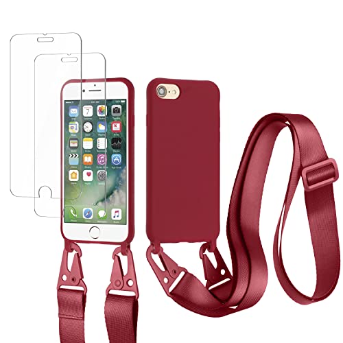 vrupin kompatibel mit iPhone 6/6S/7/8 Plus Handykette Hülle,[2 Stück Schutzfolie 9H Härte Gehärtete Folie].Necklace Hülle Nylon Schultergurt Weich Flüssiges Silikon-rot von vrupin