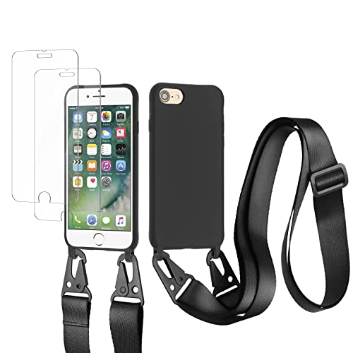 vrupin kompatibel mit iPhone 6/6S/7/8 Plus Handykette Hülle,[2 Stück Schutzfolie 9H Härte Gehärtete Folie].Necklace Hülle Nylon Schultergurt Weich Flüssiges Silikon-schwarz von vrupin