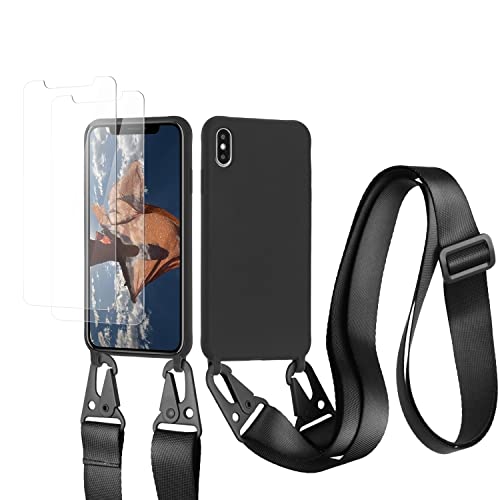 vrupin kompatibel mit iPhone X/XS Handykette Hülle,[2 Stück Schutzfolie 9H Härte Gehärtete Folie].Necklace Hülle Nylon Schultergurt Weich Flüssiges Silikon-schwarz von vrupin