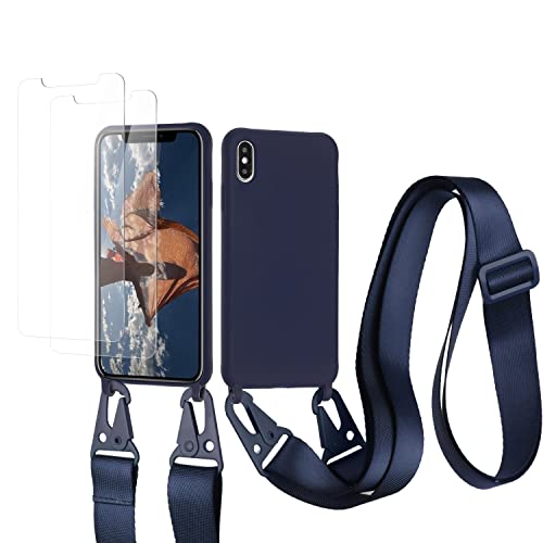 vrupin kompatibel mit iPhone X/XS Max Handykette Hülle,[2 Stück Schutzfolie 9H Härte Gehärtete Folie].Necklace Hülle Nylon Schultergurt Weich Flüssiges Silikon-Navy blau von vrupin