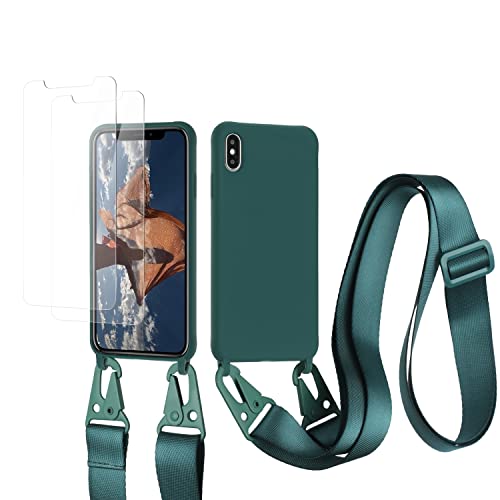 vrupin kompatibel mit iPhone XR Handykette Hülle,[2 Stück Schutzfolie 9H Härte Gehärtete Folie].Necklace Hülle Nylon Schultergurt Weich Flüssiges Silikon-Dunkelgrün von vrupin