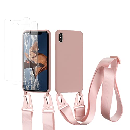 vrupin kompatibel mit iPhone XR Handykette Hülle,[2 Stück Schutzfolie 9H Härte Gehärtete Folie].Necklace Hülle Nylon Schultergurt Weich Flüssiges Silikon-Lotus Farbe von vrupin