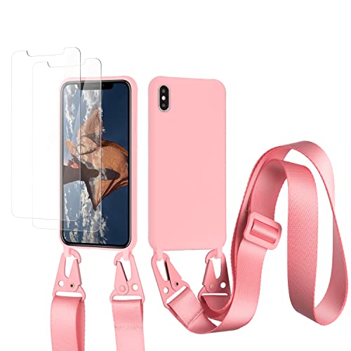 vrupin kompatibel mit iPhone XR Handykette Hülle,[2 Stück Schutzfolie 9H Härte Gehärtete Folie].Necklace Hülle Nylon Schultergurt Weich Flüssiges Silikon-dunkel pink von vrupin