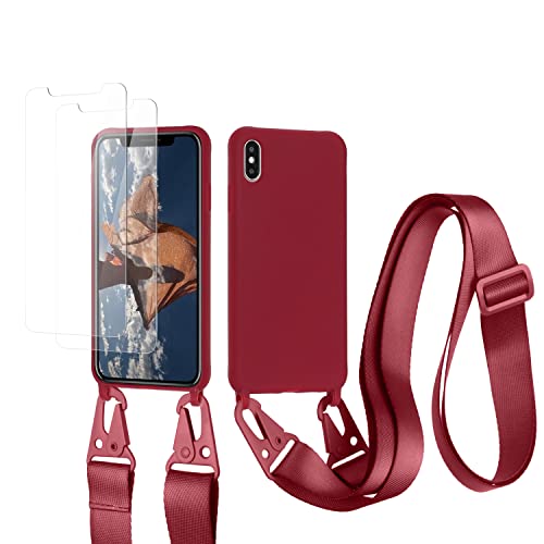 vrupin kompatibel mit iPhone XR Handykette Hülle,[2 Stück Schutzfolie 9H Härte Gehärtete Folie].Necklace Hülle Nylon Schultergurt Weich Flüssiges Silikon-rot von vrupin