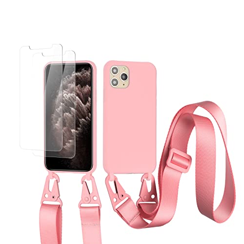vrupin kompatibel mit iPhone 11 Pro Handykette Hülle,[2 Stück Schutzfolie 9H Härte Gehärtete Folie].Necklace Hülle Nylon Schultergurt Weich Flüssiges Silikon-dunkel pink von vrupin