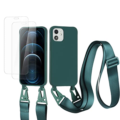 vrupin kompatibel mit iPhone 12 Mini Handykette Hülle,[2 Stück Schutzfolie 9H Härte Gehärtete Folie].Necklace Hülle Nylon Schultergurt Weich Flüssiges Silikon-Dunkelgrün von vrupin