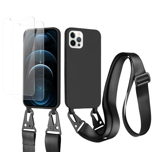 vrupin kompatibel mit iPhone 15 Pro Handykette Hülle,[2 Stück Schutzfolie 9H Härte Gehärtete Folie].Necklace Hülle Nylon Schultergurt Weich Flüssiges Silikon-schwarz von vrupin