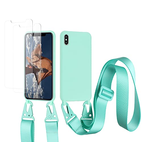 vrupin kompatibel mit iPhone X/XS Max Handykette Hülle,[2 Stück Schutzfolie 9H Härte Gehärtete Folie].Necklace Hülle Nylon Schultergurt Weich Flüssiges Silikon-hellgrün von vrupin