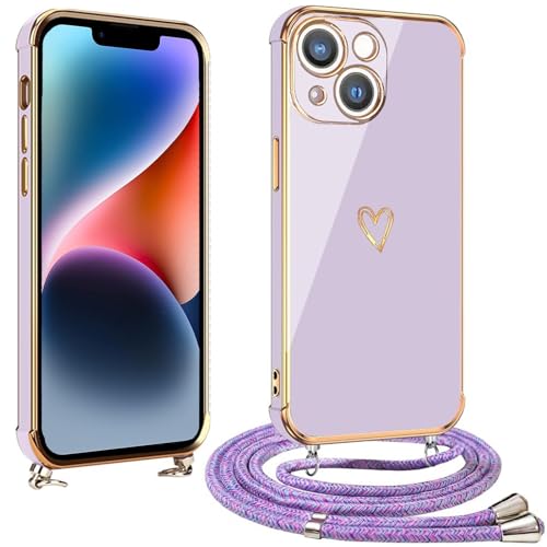 vumebao Handykette für iPhone 14 Hülle mit Band, Handyhülle Herz Love Design Silikon Bumper Kordel, TPU Dünn Stoßfeste Case Schutzhülle kompatibel mit iPhone 14 für Frauen und Mädchen, Lila vumebao Handykette für iPhone 14 Hülle mit Band, Handyhülle Herz Love Design Silikon Bumper Kordel, TPU Dünn Stoßfeste Case Schutzhülle kompatibel mit iPhone 14 für Frauen und Mädchen, Lila von vumebao