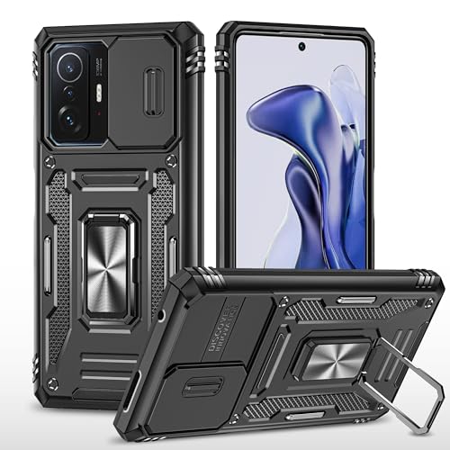 vumebao Schutz Hülle für Xiaomi Mi 11T/11T Pro Mit Drehbare Halterung, Handyhülle für Xiaomi Mi 11T/11T Pro, Schiebe Kamera Abdeckung, Militär stoßfeste und kollisionsfeste-Schwarz von vumebao