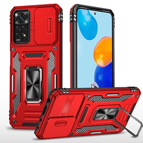 vumebao Schutz Hülle für Xiaomi Redmi Note 11/11S Mit Drehbare Halterung, Handyhülle für Xiaomi Redmi Note 11/11S, Schiebe Kamera Abdeckung, Militär stoßfeste und kollisionsfeste-Rot von vumebao
