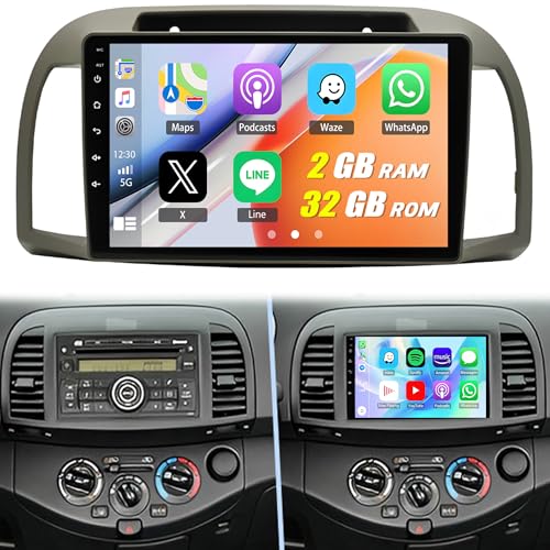 2G+32G Autoradio für Nissan MICRA K12 2002-2009 mit Carplay Android Auto Navi,Android 13 Autoradio mit 9 Zoll Bildschirm,Bluetooth Mirror Link WiFi FM/RDS HiFi+Rückfahrkamera von wanhonghui