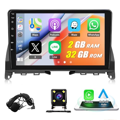 2G+32G Autoradio mit Navi für Mercedes Benz C-Klasse W204 2007-2010,Android 13 Radio 2 DIN mit 9 Zoll Bildschirm, Carplay Wireless Android Auto Bluetooth WiFi SWC+Rückfahrkamera von wanhonghui