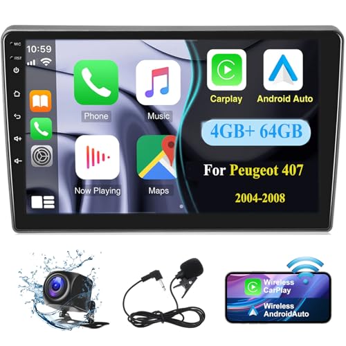 4G+64G Autoradio für Peugeot 407 2004-2008 mit Carplay Android Auto Navi, Android 13 Autoradio mit 9 Zoll Bildschirm,Bluetooth Mirror Link WiFi FM/RDS HiFi+Rückfahrkamera von wanhonghui