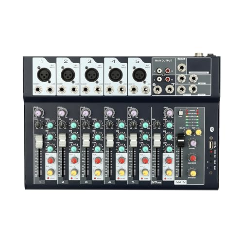 Professioneller Mixer Audio, Pro 7-Kanal Audio Mixer Bluetooth USB Sound Mischpult Console Verstärker Konsole, für Heim-KTV, Band-/Bühnenauftritte, Campus-Aktivitäten, 33 * 23 * 3.7cm von wanwanper