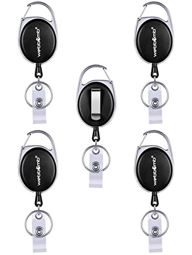 WEBBOMB Ausweishalter ausziehbar Ausweisjojo Set mit Gürtel Clip Schlüsselring + Vinylstrap Ausweis Schlüssel Jojo (Schwarz 5 Stück) von webbomb