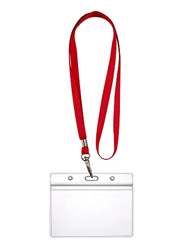 WEBBOMB Ausweishülle ZIP Kartenhalter flexibel horizontal wasserdicht für 1-2 Ausweise und Karten Namensschilder ID-Card Schutzhülle 0,80mm transparent + 360° Umhängeband Lanyard (Rot) von webbomb
