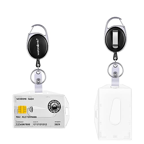 WEBBOMB Ausweisjojo Schlüssel JoJo + Kartenhalter horizontal/vertikal nutzbar Dual Use Ausweishalter mit Jojo reißfester Schnur und Gürtel-Clip Ausweis JoJo mit Ausweishülle (Schwarz) von webbomb