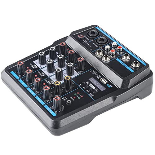 Klein Mischpult 4 Kanal Stereo Live Mischpulte, Audio Mixer Mini Musik Mixer, DJ Mischer Board Karaoke Mischpult Audio Interfac with Bluetooth MP3 48V Phantomspeisung FX Analoge Digitale Effekte von wecan